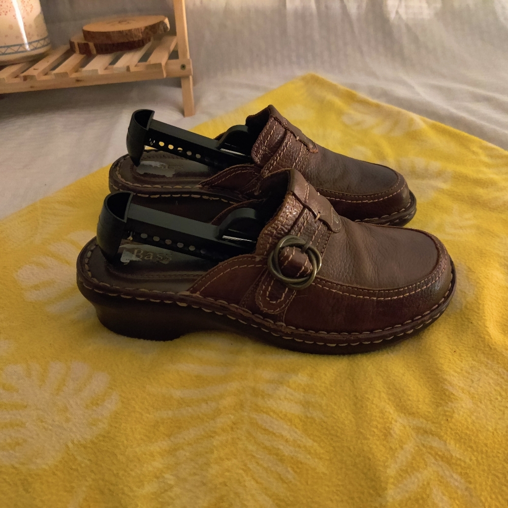 Bass Leona Clog Mules Leather Slides Sandals Block Heels